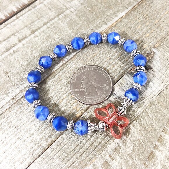 Stacking Bracelet with Czech Glass Silky Royal Blue Beads, Red Butterfly - Picture 3 of 3